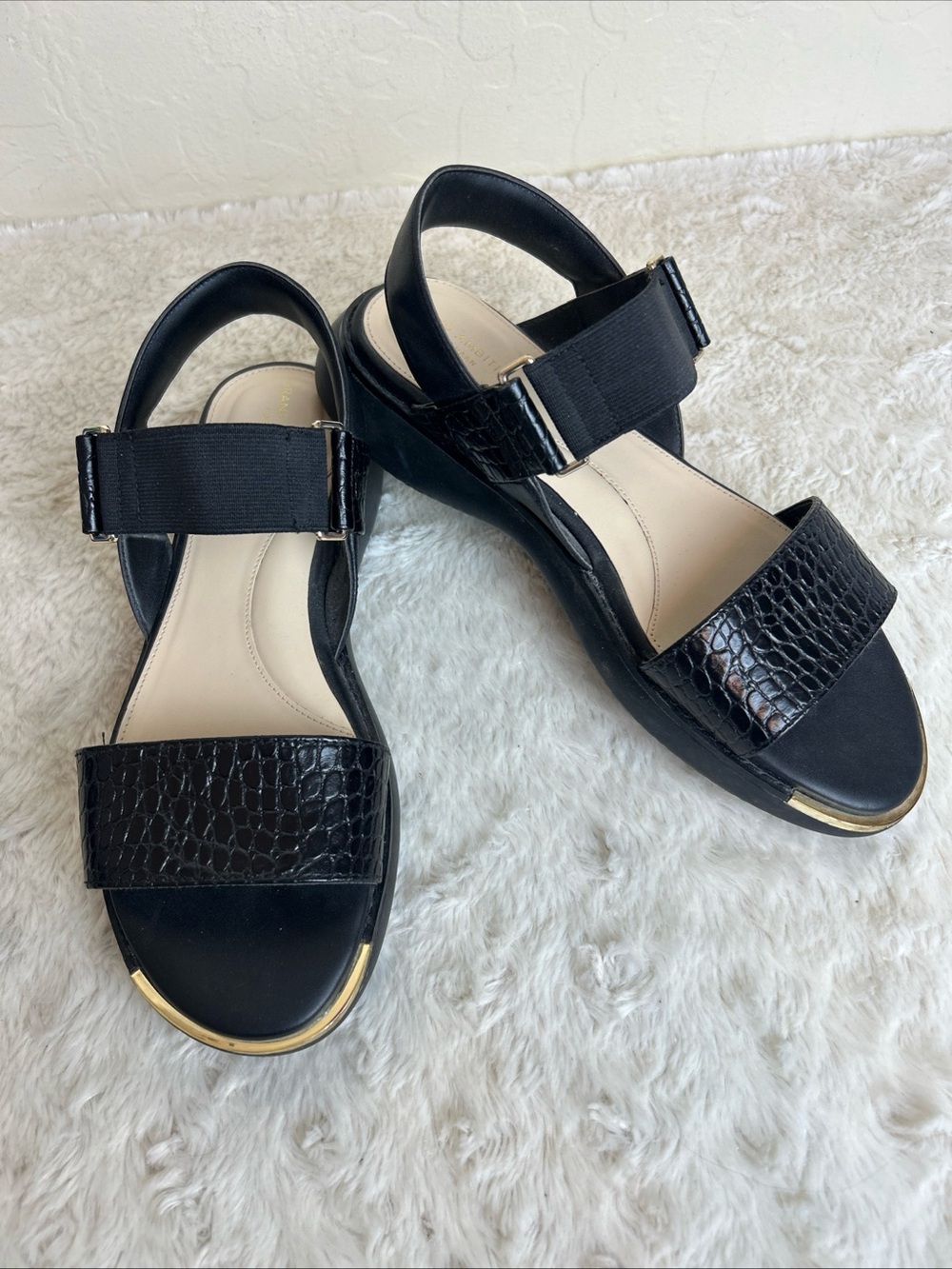 Cole Haan Grand Ambition Sz 6 B Carmel Flat Sandals Slingback Black